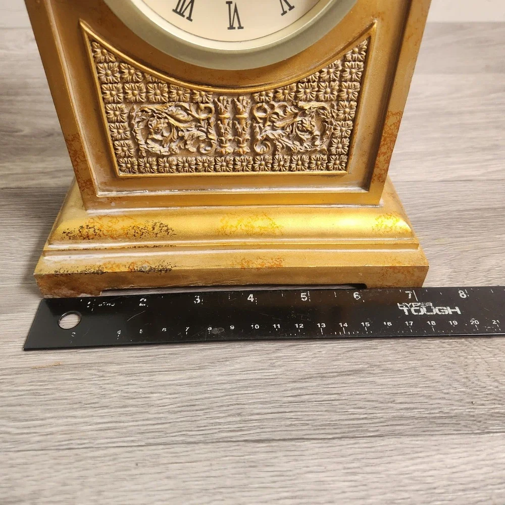 Vintage Gold Quartz Mantel Clock Roman Numerals Ornate Floral‎ Relief Desk Decor
